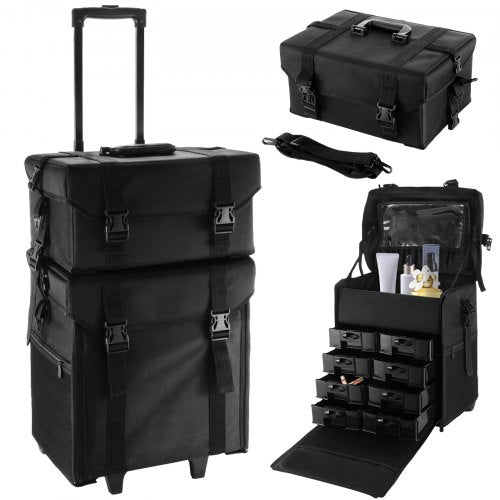 2 in 1 Makeup Case Train Box Cosmetic Organizer Rolling Luggage Trolley Bag Black Professional Makeup Case Organizer Beauty Case on Wheels