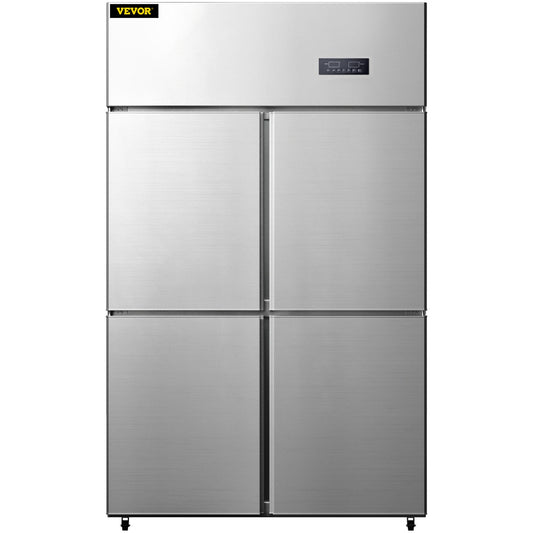 Commercial Reach-in Refrigerator, 4 Doors Upright Beverage Cooler, 27.5 Cu.Ft Side by Side Freezer, Stainless Steel Merchandiser Refrigerators, Business Food Fridge for Snacks & Drinks, Silver