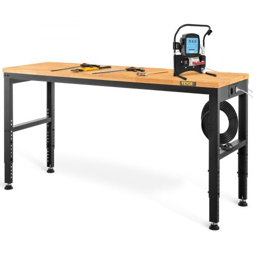 Workbench Adjustable Height, 122cm W X 61cm D X 97cm H Garage Table w/ 72 – 97 cm Heights & 900KG Load Capacity, with Power Outlets & Hardwood Top & Metal Frame & Foot Pads, for Office Home