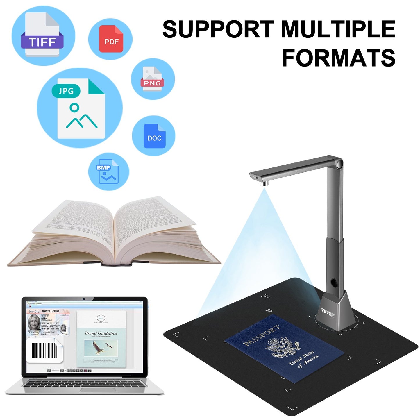 Document Camera for Teachers A3 Scanning Size Book Scanner 10 Mega-Pixel Lens Book & Document Scanner w/ LED Lights Portable Scanner for Teacher OCR Function for Classroom Online Teaching Office