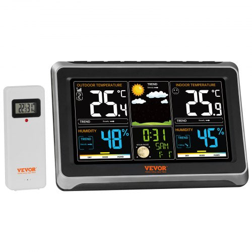 7-in-1 Weather Station Indoor Outdoor, 7.5 in Large Color Display, Wireless Digital Home Weather Station, with Sensor Atomic Clock Adjustable Backlight Calendar Weather Forecast Temperature