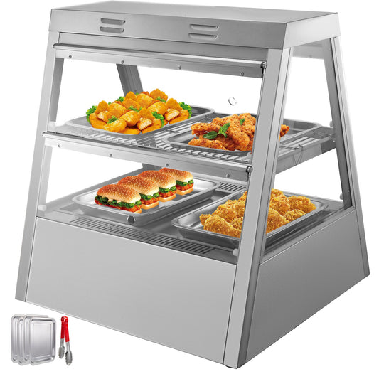 Commercial Food Warmer 27-Inch Pizza Warmer 2 Tiers Pastry Warmer with Tilt-Up Doors Pizza Warmer Display Case LED Warm Light Food Display Warmer
