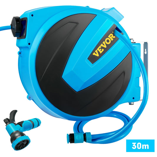 Retractable Hose Reel, 1/2 inch x 100 ft, Any Length Lock & Automatic Rewind Water Hose, Wall Mounted Garden Hose Reel w/ 180° Swivel Bracket and 7 Pattern Hose Nozzle, Blue