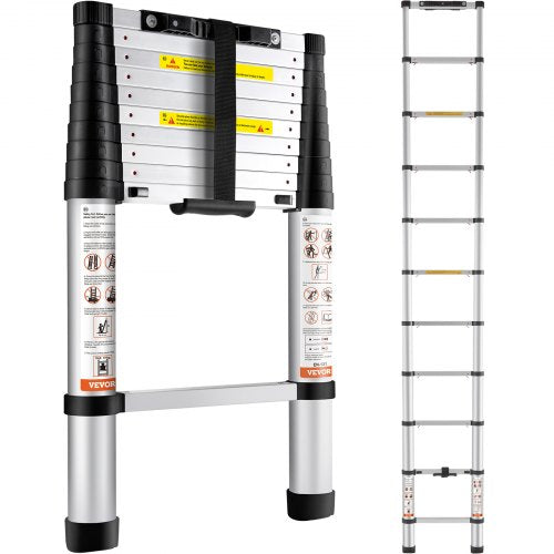 Telescoping Ladder, 10.5 FT Aluminum One-button Retraction Collapsible Extension Ladder, 375 LBS Capacity w/ Non-slip Feet, Portable Multi-purpose Compact Ladder for Home, RV, Loft, ANSI Listed