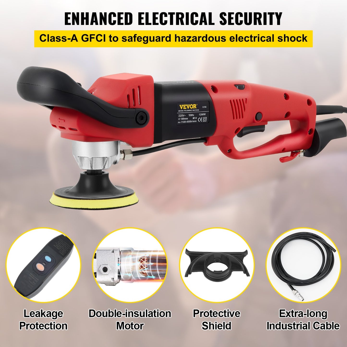 Wet Polisher Grinder, Variable Speed 4" & 5" Diamond Polishing Pads, Buffing Machine with 78.7" Water Pipe Adapter & Splash Shield, Electronic Concrete Stone for Title Floor Countertop CE