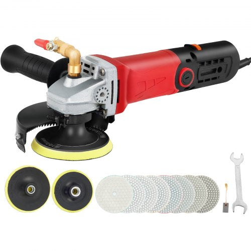 Wet Polisher Grinder, Variable Speed 8 pcs Kit, Extra 4" & 5" Diamond Polishing Pads , Buffing Machine w 59" Pipe Adapter & Splash Shield, Concrete Stone Tool for Granite/Marble Countertop CE