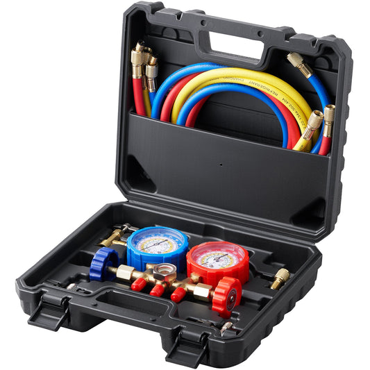 3-Way AC Diagnostic Manifold Gauge Set Fits for R134A, R22, R12, R502 Refrigerant, AC Gauge Set with 5 ft Hoses, Couplers, Can Tap for Car A/C System Automotive Air Conditioning Maintenance