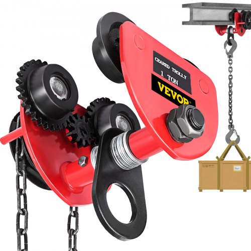Heavy Duty 2T/4400Lbs Overhead Geared Push Beam Trolley, Red Hoist Lifing Tackle Roller Trolley Hoist Lifting Tackle with Chain