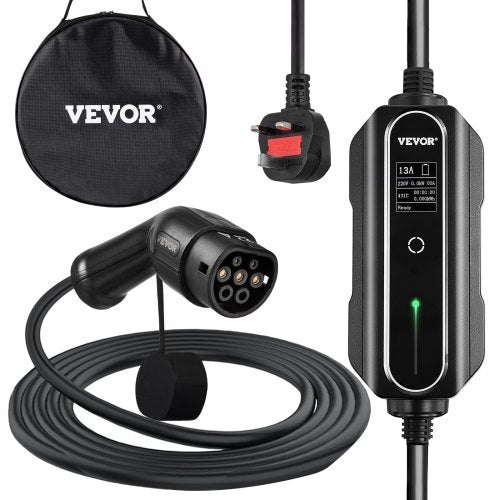 Portable EV Charger, Type 2 13A, Electric Vehicle Charger 10 Metre Charging Cable with UK 3 Pin Plug, Digital Screen, 3kW WaterProof IEC 62196-2 Home EV Charging Station with Carry Bag, CE