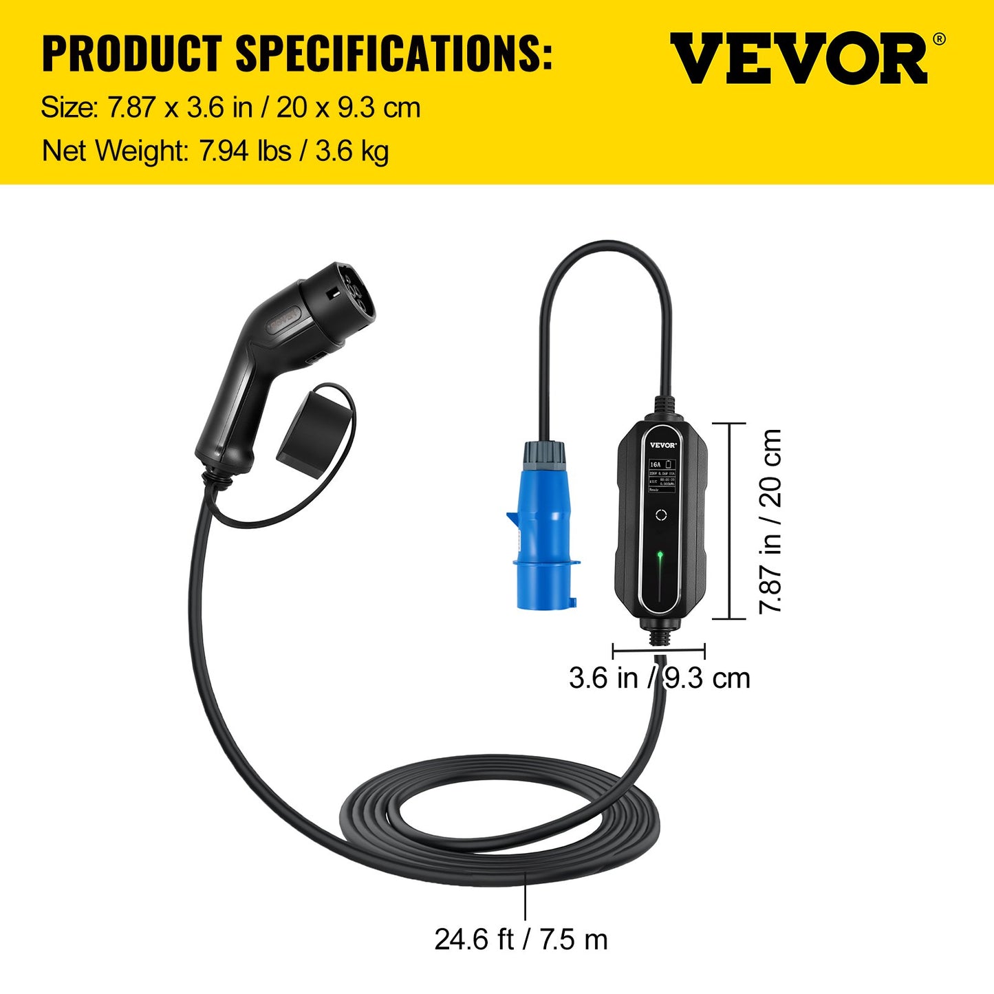 Portable EV Charger, Type 2 32A, Electric Vehicle Charger 7.5 Metre Charging Cable with CEE 3 Pin Plug, Digital Screen, 7.4 kW WaterProof IEC 62196-2 Home EV Charging Station with Carry Bag, CE
