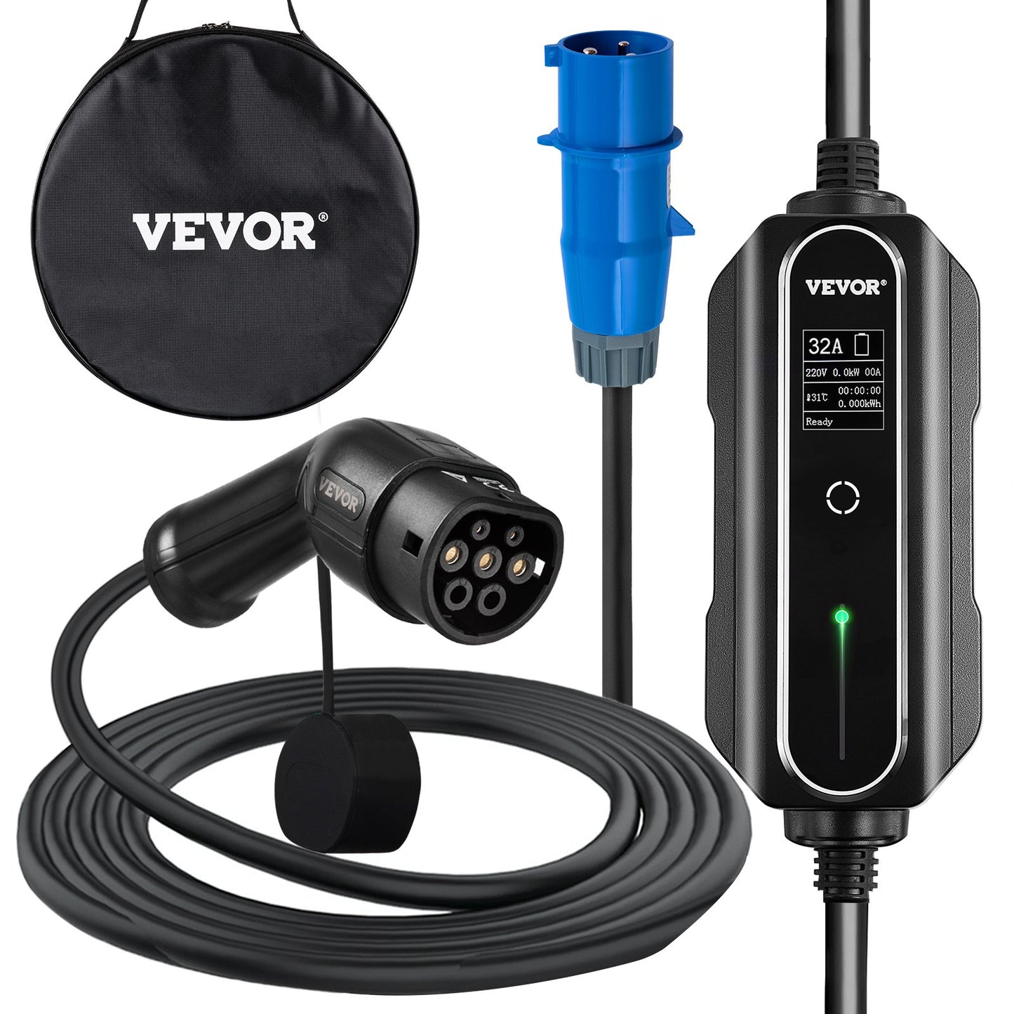 Portable EV Charger, Type 2 32A, Electric Vehicle Charger 7.5 Metre Charging Cable with CEE 3 Pin Plug, Digital Screen, 7.4 kW WaterProof IEC 62196-2 Home EV Charging Station with Carry Bag, CE