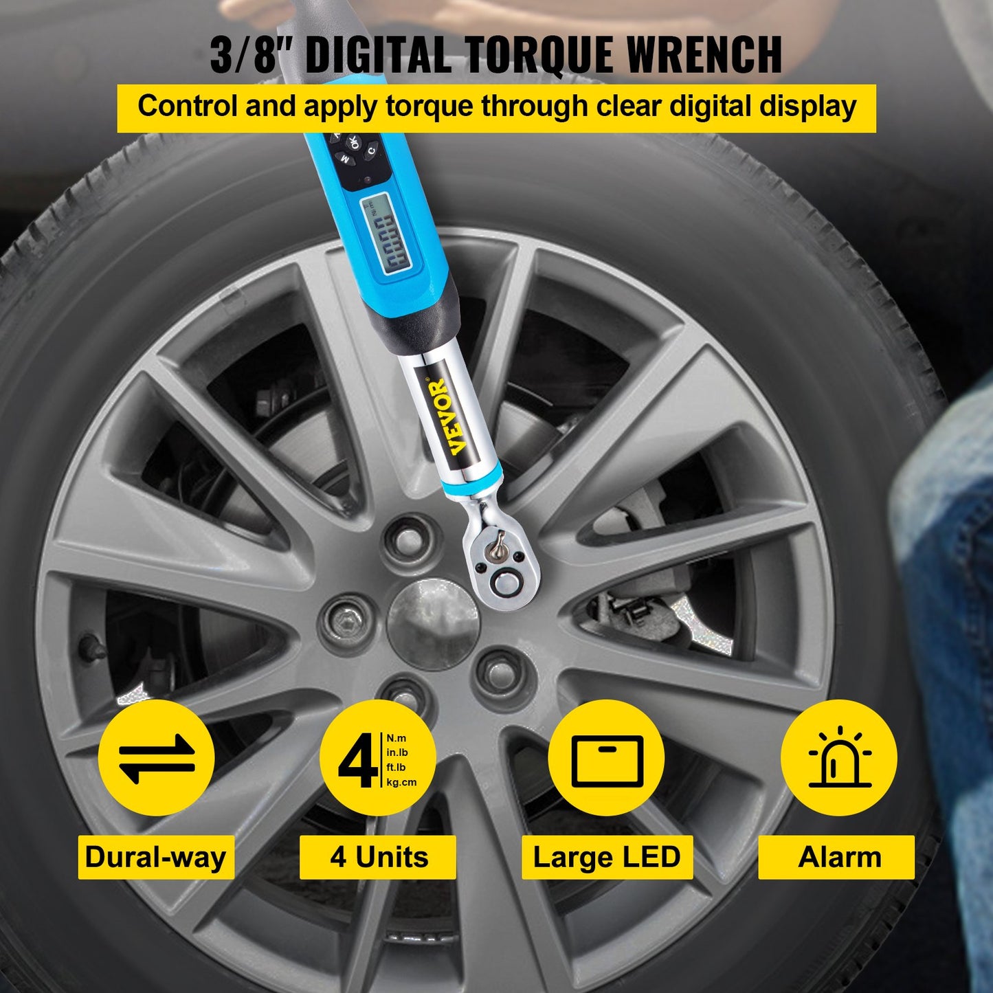Digital Torque Wrench, 3/8" Drive Electronic Torque Wrench, Torque Wrench Kit 5-99.5 ft-lbs Torque Range Accurate to ±2%, Adjustable Torque Wrench with LED Display and Buzzer, Socket Set & Case