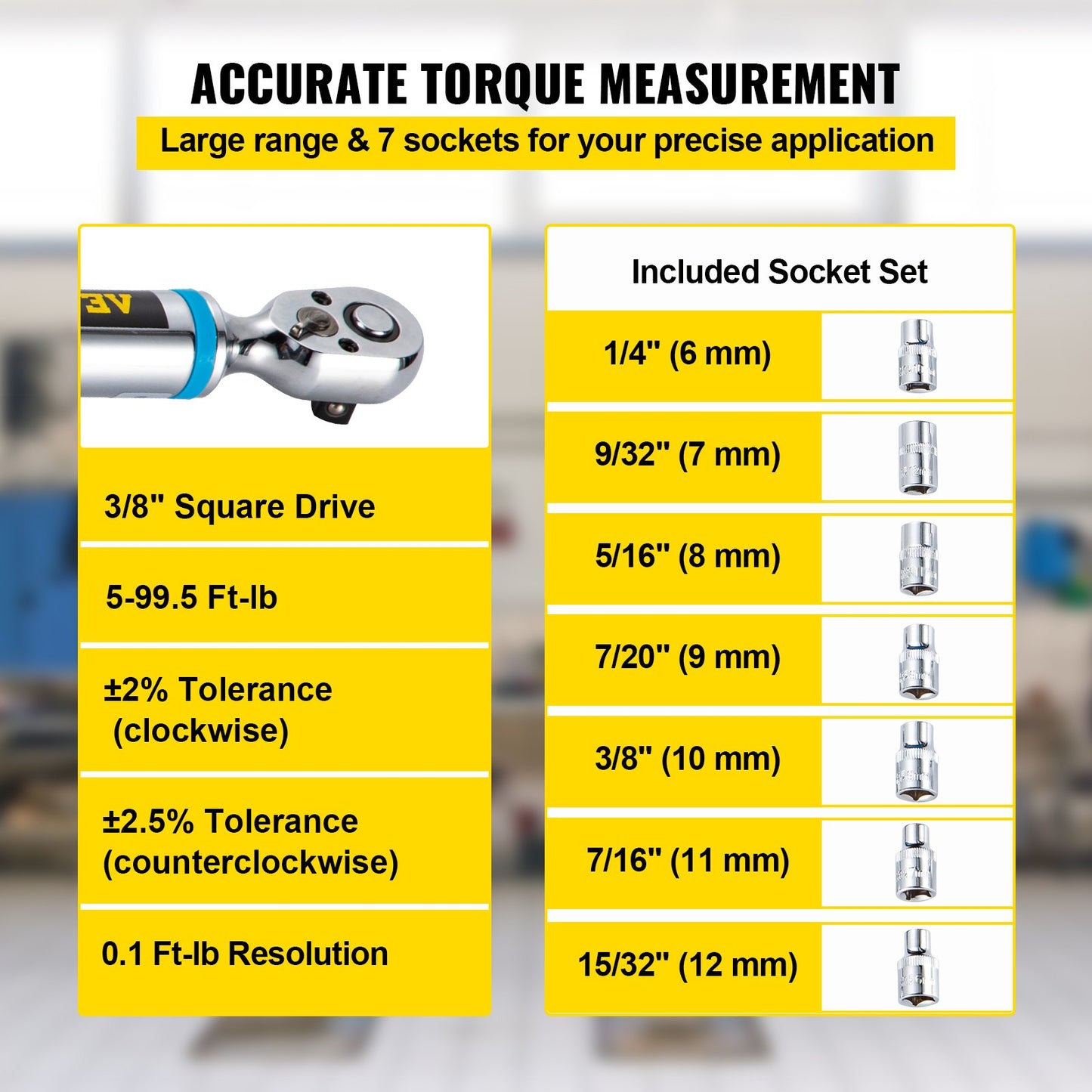 Digital Torque Wrench, 3/8" Drive Electronic Torque Wrench, Torque Wrench Kit 5-99.5 ft-lbs Torque Range Accurate to ±2%, Adjustable Torque Wrench with LED Display and Buzzer, Socket Set & Case