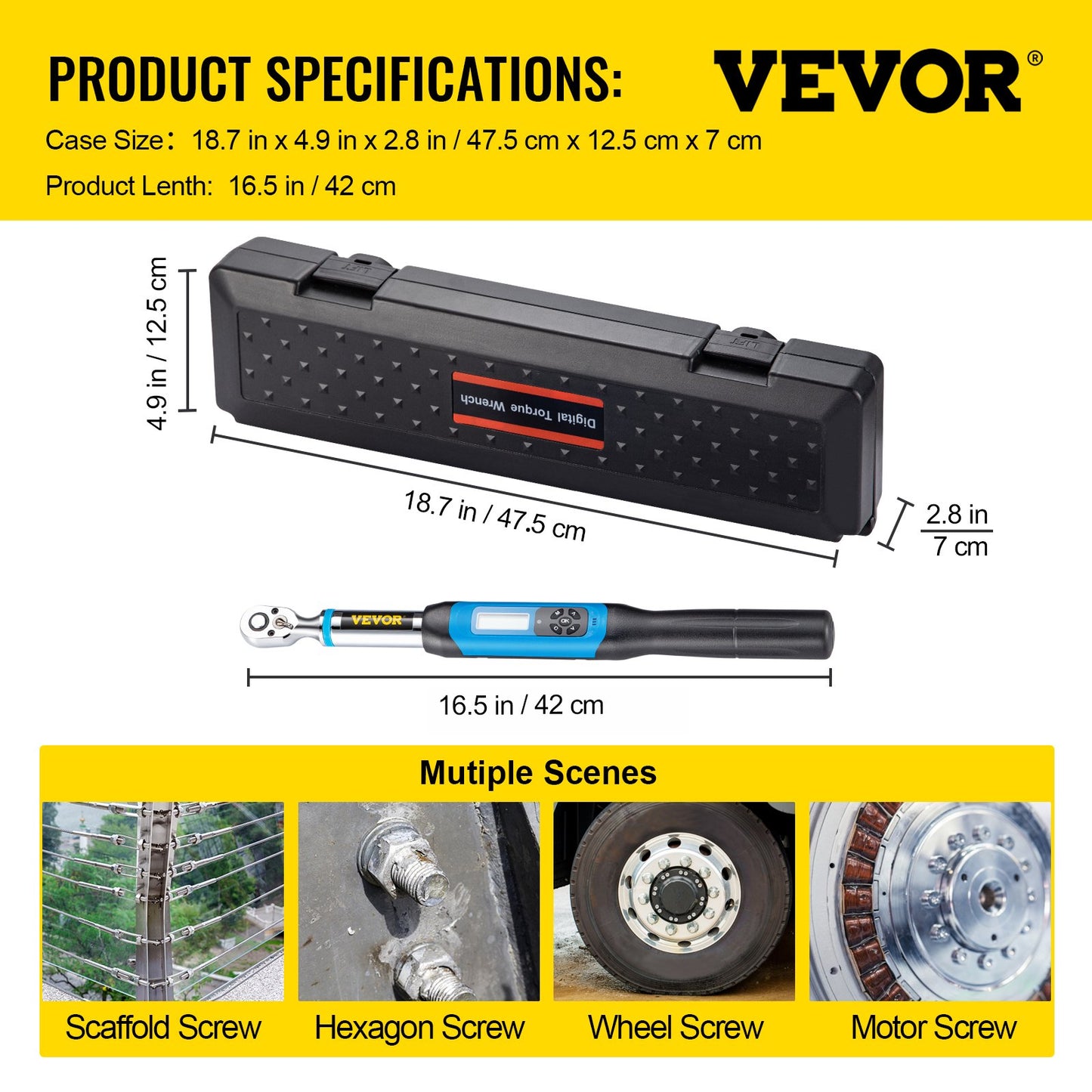 Digital Torque Wrench, 3/8" Drive Electronic Torque Wrench, Torque Wrench Kit 5-99.5 ft-lbs Torque Range Accurate to ±2%, Adjustable Torque Wrench with LED Display and Buzzer, Socket Set & Case