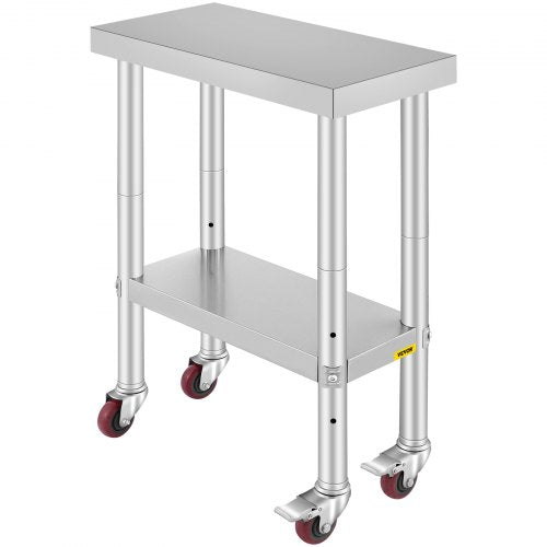 Stainless Steel Catering Work Table 12x24 Inch Commercial Work Table with 4 Wheels Commercial Food Prep Workbench with Flexible Adjustment Shelf for Kitchen Prep Table