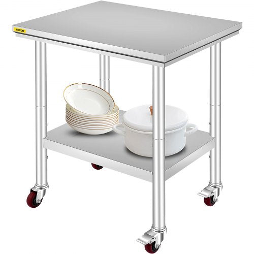 Stainless Steel Catering Work Table 30x24 Inch Commercial Work Table with 4 Wheels Commercial Food Prep Workbench with Flexible Adjustment Shelf for Kitchen Prep Table