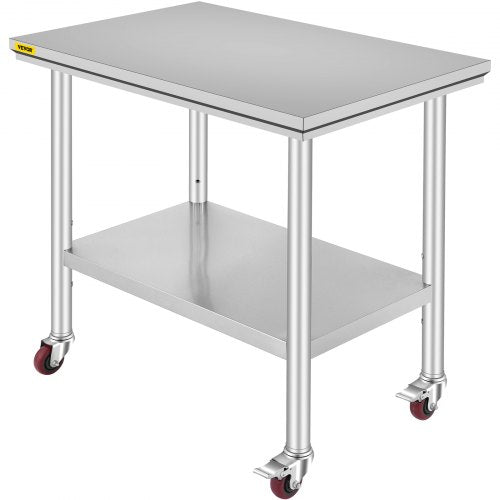 Stainless Steel Catering Work Table 36x24 Inch Commercial Work Table with 4 Wheels Commercial Food Prep Workbench with Flexible Adjustment Shelf for Kitchen Prep Table