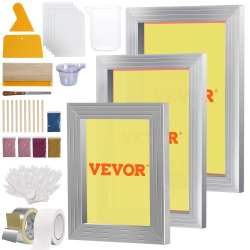 Screen Printing Kit, 3 Pieces Aluminum Silk Screen Printing Frames 6x10/8x12/10x14inch 110 Count Mesh, 5 Glitters and Screen Printing Squeegees and Transparency Films for T-shirts DIY Printing
