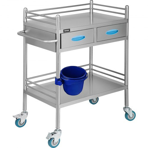 2-Layer Lab Medical Cart with 2 Drawer Stainless Steel Rolling Cart Lab Medical Equipment Cart Trolley for Lab Hospital Clinics