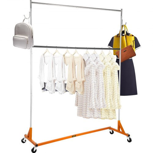 Z Rack, Industrial Grade Z Base Garment Rack, Height Adjustable Rolling Z Garment Rack, Sturdy Steel Z Base Clothing Rack w/ Lockable Casters, for Home Clothing Store w/ Add-on Hang Rail Orange