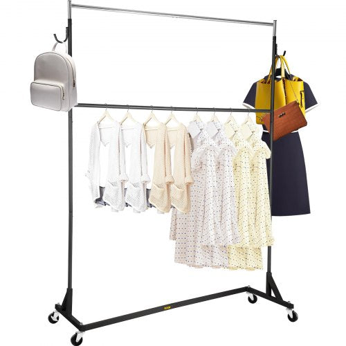 Z Rack, Industrial Grade Z Base Garment Rack, Height Adjustable Rolling Z Garment Rack, Sturdy Steel Z Base Clothing Rack w/ Lockable Casters, for Home Clothing Store w/ Add-on Hang Rail Black