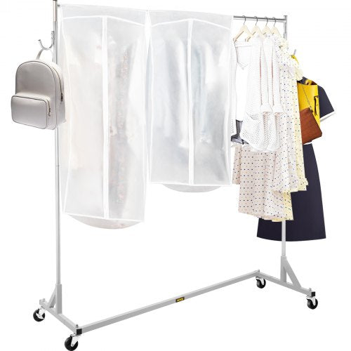 Z Rack, Industrial Grade Z Base Garment Rack, Height Adjustable Rolling Z Garment Rack, Sturdy Steel Z Base Clothing Rack w/ Lockable Casters, for Home Clothing Store Display w/ Cover Silver