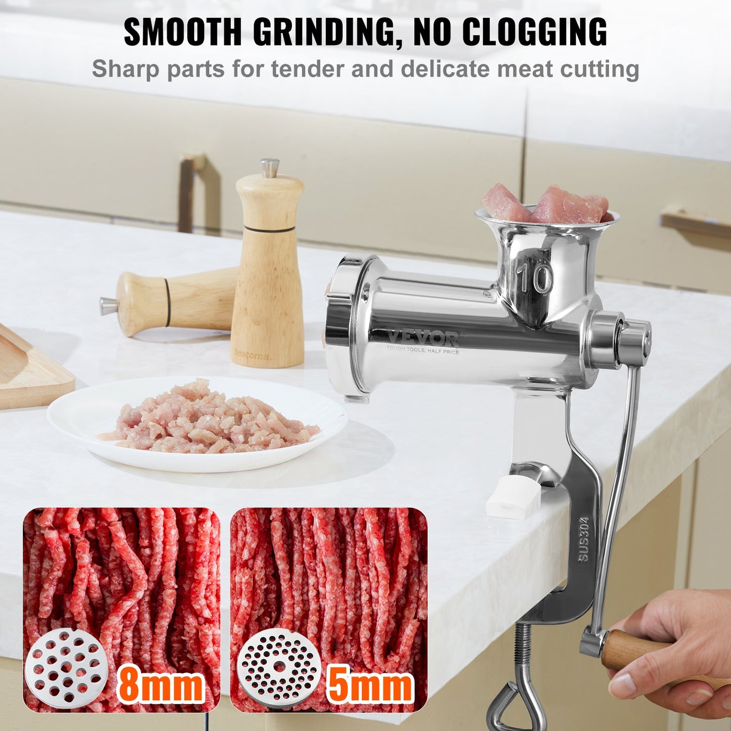 Manual Meat Grinder, All Parts Stainless Steel, Hand Operated Meat Grinding Machine with Tabletop Clamp, 2 Grinding Plates & Sausage Stuffer, Ideal for Home Kitchen Restaurant Butcher’s Shop