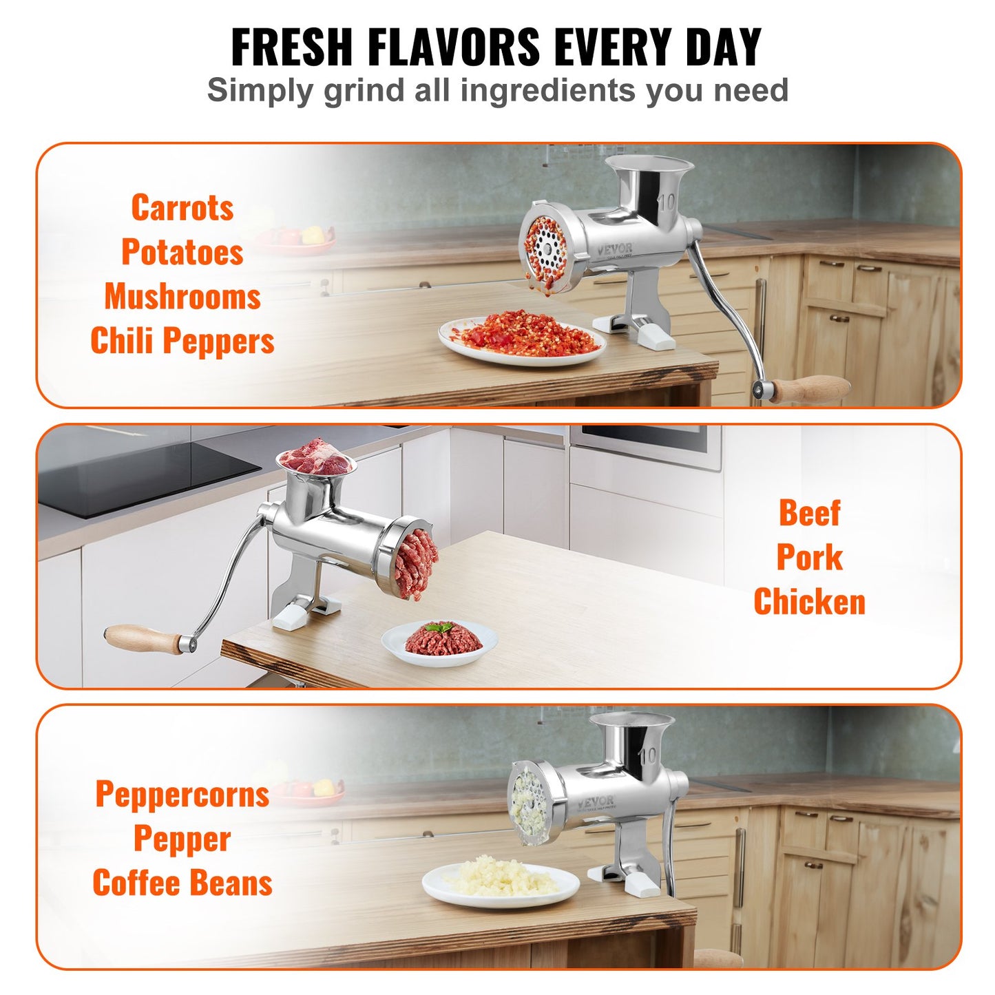 Manual Meat Grinder, All Parts Stainless Steel, Hand Operated Meat Grinding Machine with Tabletop Clamp, 2 Grinding Plates & Sausage Stuffer, Ideal for Home Kitchen Restaurant Butcher’s Shop