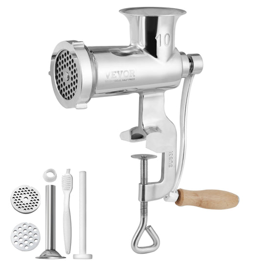 Manual Meat Grinder, All Parts Stainless Steel, Hand Operated Meat Grinding Machine with Tabletop Clamp, 2 Grinding Plates & Sausage Stuffer, Ideal for Home Kitchen Restaurant Butcher’s Shop