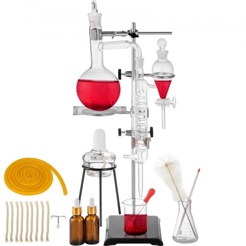 Distillation Apparatus 500ML Lab Glassware Kit Glass Distilling for Pure Water Oil Essential Distillation with Condenser Pipe Flask