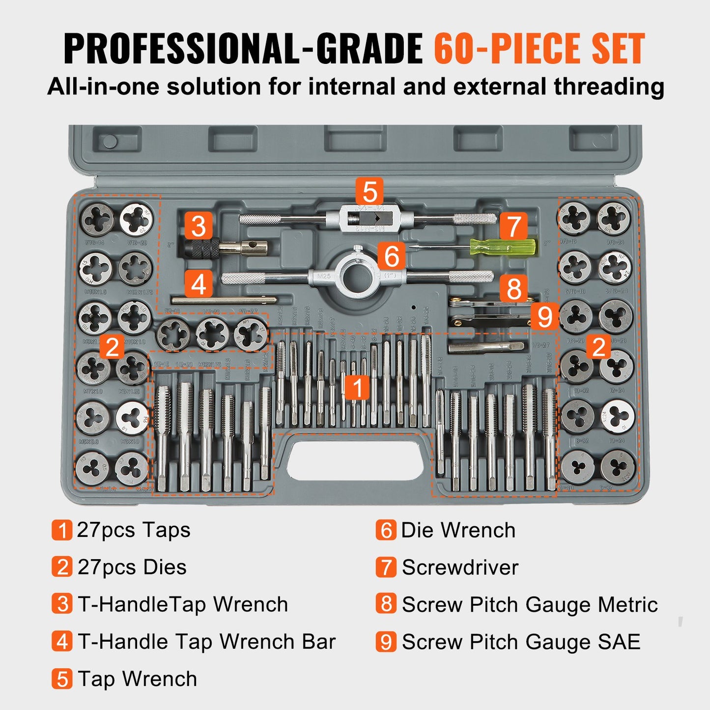Tap and Die Set 60Pcs Metric and SAE Standard Bearing Steel Threading Tool