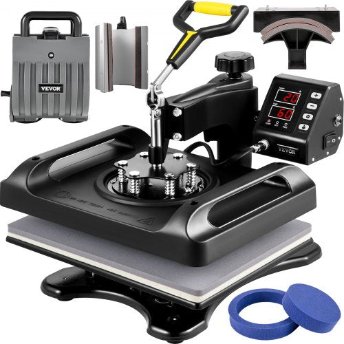 Heat Press Machine 12 x 15 Inch 6 In 1 Heat Press 360° Rotation Swing Away Heat Press 1000W Sublimation Machine 6 In 1 Black Shirt Printing Machine Dual-Tube Heating for DIY Mugs Cap T-Shirts
