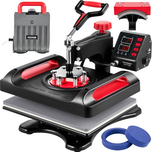 Heat Press Machine 12 x 15 Inch  360° Rotation Swing Away Red Heat Press 5 In 1 Heat Press 1000W Sublimation Machine 5 In 1 Shirt Printing Machine Dual-Tube Heating for DIY Mugs And T-Shirts Cap