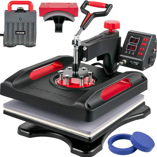 Heat Press Machine 15 x 15 Inch 360° Rotation Swing Away Red Heat Press 5 In 1 Shirt Printing Machine 5 In 1 Heat Press 1000W Sublimation Machine Dual-Tube Heating for DIY Plates Cap Mugs