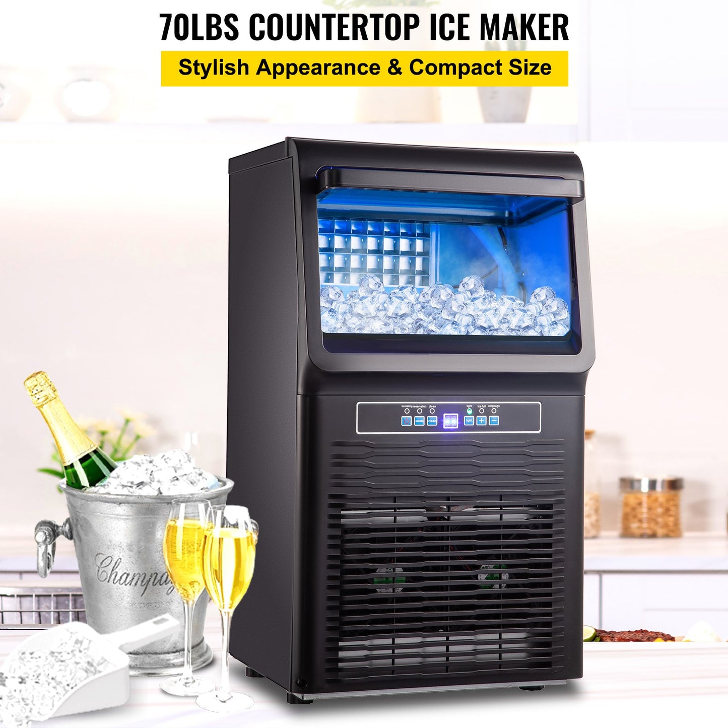 Countertop Ice Maker, 70LBS/24H Yield, Tabletop Ice Machine w/ 11LBS Storage, Ice Cube Maker w/ 36PCS Ice Plate, 350W Ice Maker Machine w/ Control Panel Blue Light Drain Pipe Filter Scoop, 220V