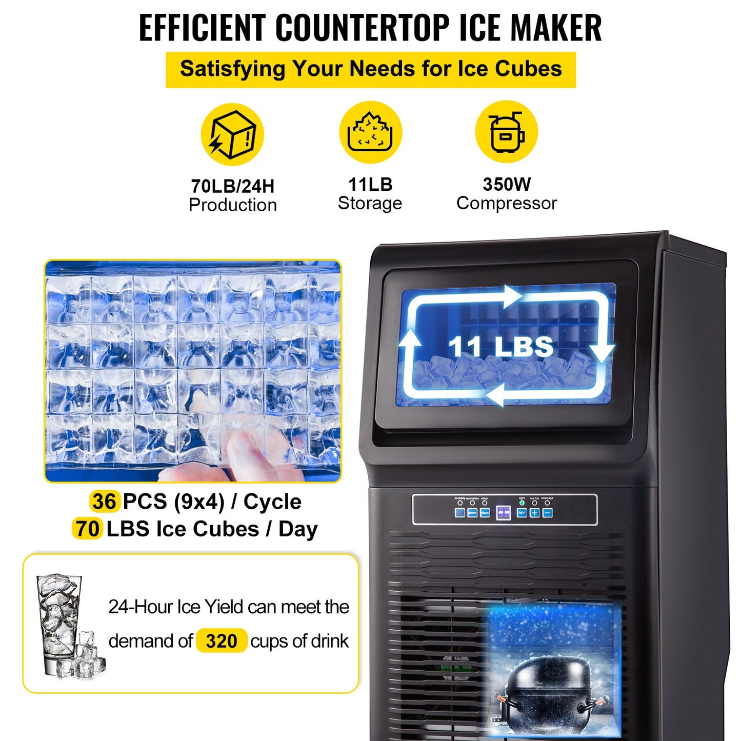 Countertop Ice Maker, 70LBS/24H Yield, Tabletop Ice Machine w/ 11LBS Storage, Ice Cube Maker w/ 36PCS Ice Plate, 350W Ice Maker Machine w/ Control Panel Blue Light Drain Pipe Filter Scoop, 220V