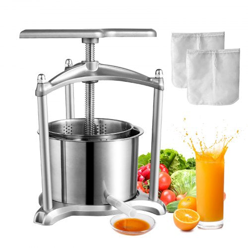 Fruit Wine Press, 1.6 Gallon/6L, 2 Stainless Steel Barrels, Manual Juice Maker, Cider Apple Grape Tincture Vegetables Honey Olive Oil Making Press with T-Handle, Triangular Structure for Kitchen