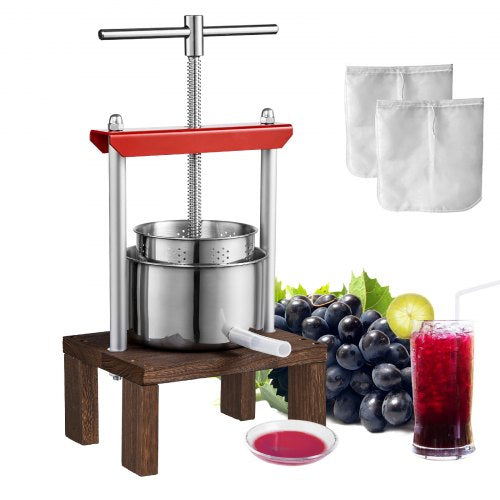 Fruit Wine Press, 0.53 Gallon/2L, 2 Stainless Steel Barrels, Manual Juice Maker, Cider Apple Grape Tincture Vegetables Honey Olive Oil Making Press with T-Handle & Stable Base for Kitchen, Home