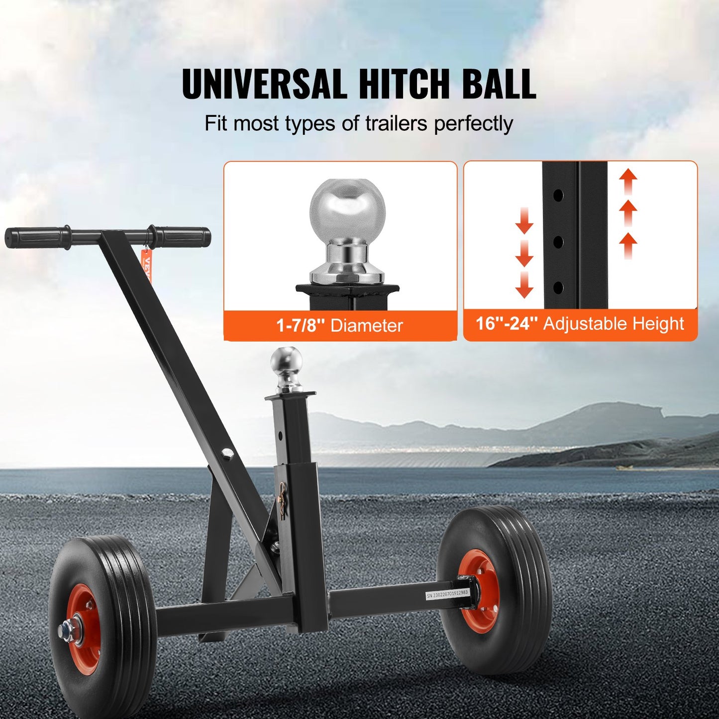 Adjustable Trailer Dolly, 600lbs Tongue Weight Capacity, Carbon Steel Trailer Mover with 16''-24'' Adjustable Height, 1-7/8'' Hitch Ball & 10'' Solid Tires, Ideal for Moving Car RV Boat Trailer