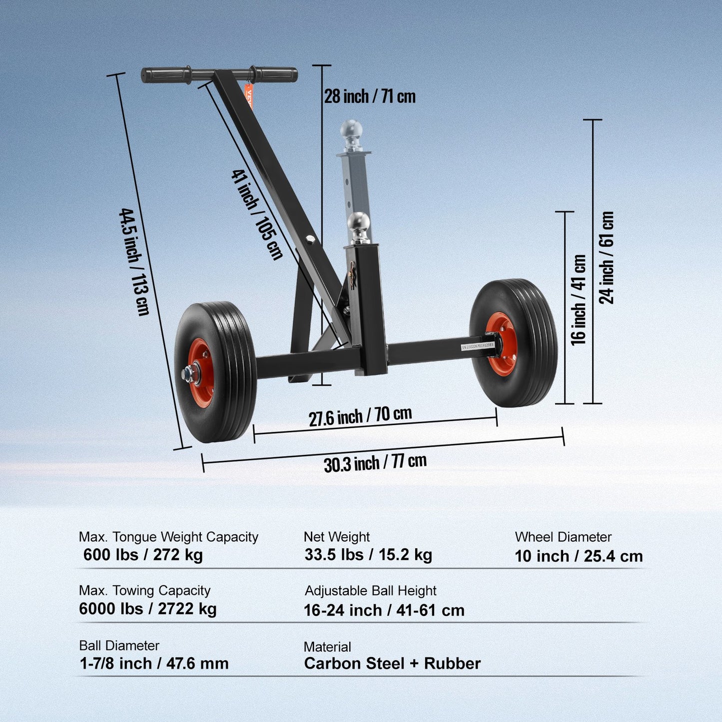 Adjustable Trailer Dolly, 600lbs Tongue Weight Capacity, Carbon Steel Trailer Mover with 16''-24'' Adjustable Height, 1-7/8'' Hitch Ball & 10'' Solid Tires, Ideal for Moving Car RV Boat Trailer