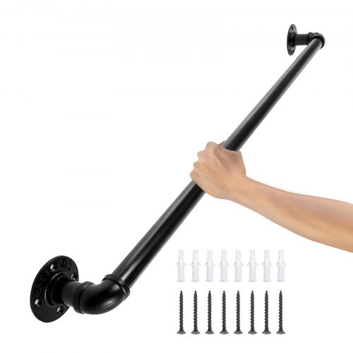 Pipe Stair Handrail, 3FT Staircase Handrail, 440LBS Load Capacity Carbon Steel Pipe Handrail, Industrial Pipe Handrail with Wall Mount Support, Round Corner Wall Handrailings for Indoor, Outdoor