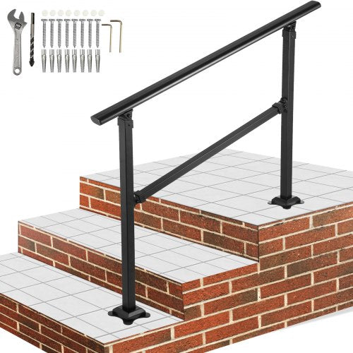 Outdoor Stair Railing, Fits for 1-3 Steps Transitional Wrought Iron Handrail, Adjustable Exterior Stair Railing, Handrails for Concrete Steps with Installation Kit, Matte Black Outdoor Handrail