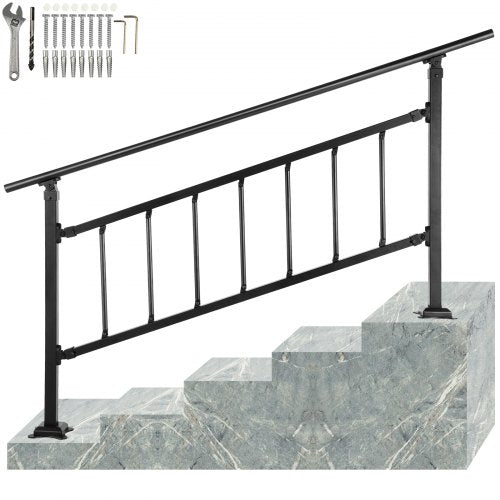 Outdoor Stair Railing, Fits for 1-4 Steps Transitional Wrought Iron Handrail, Adjustable Exterior Stair Railing, Handrails for Concrete Steps with Installation Kit, Matte Black Outdoor Handrail