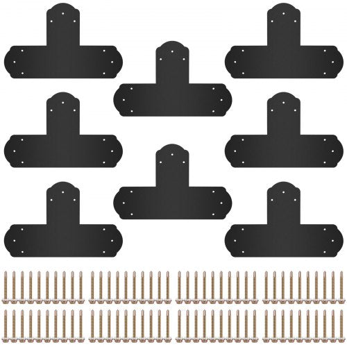 T Bracket, 6'' x 6'', 8 PCs Black Powder-coated T Mending Plate, 16 Gauge Steel T-shaped Tie Flat Connector with Screws Set, Post to Beam Bracket for Repair Wood Furniture