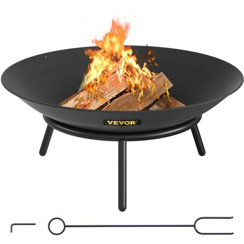 Fire Pit Bowl, 22-Inch Deep Round Carbon Steel Fire Bowl, Wood Burning for Outdoor Patios, Backyards & Camping Uses, with A Drain Hole and A Firewood Stick, Black