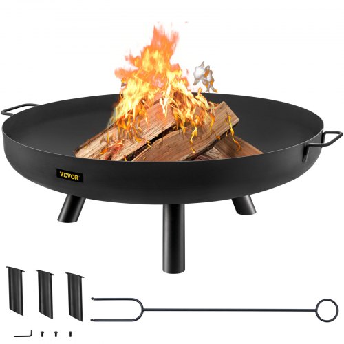 Fire Pit Bowl, 28-Inch Deep Round Carbon Steel Fire Bowl, Wood Burning for Outdoor Patios, Backyards & Camping Uses, with A Drain Hole, Portable Handles and A Firewood Stick, Black