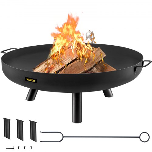 Fire Pit Bowl, 30-Inch Deep Round Carbon Steel Fire Bowl, Wood Burning for Outdoor Patios, Backyards & Camping Uses, with A Drain Hole, Portable Handles and A Firewood Stick, Black