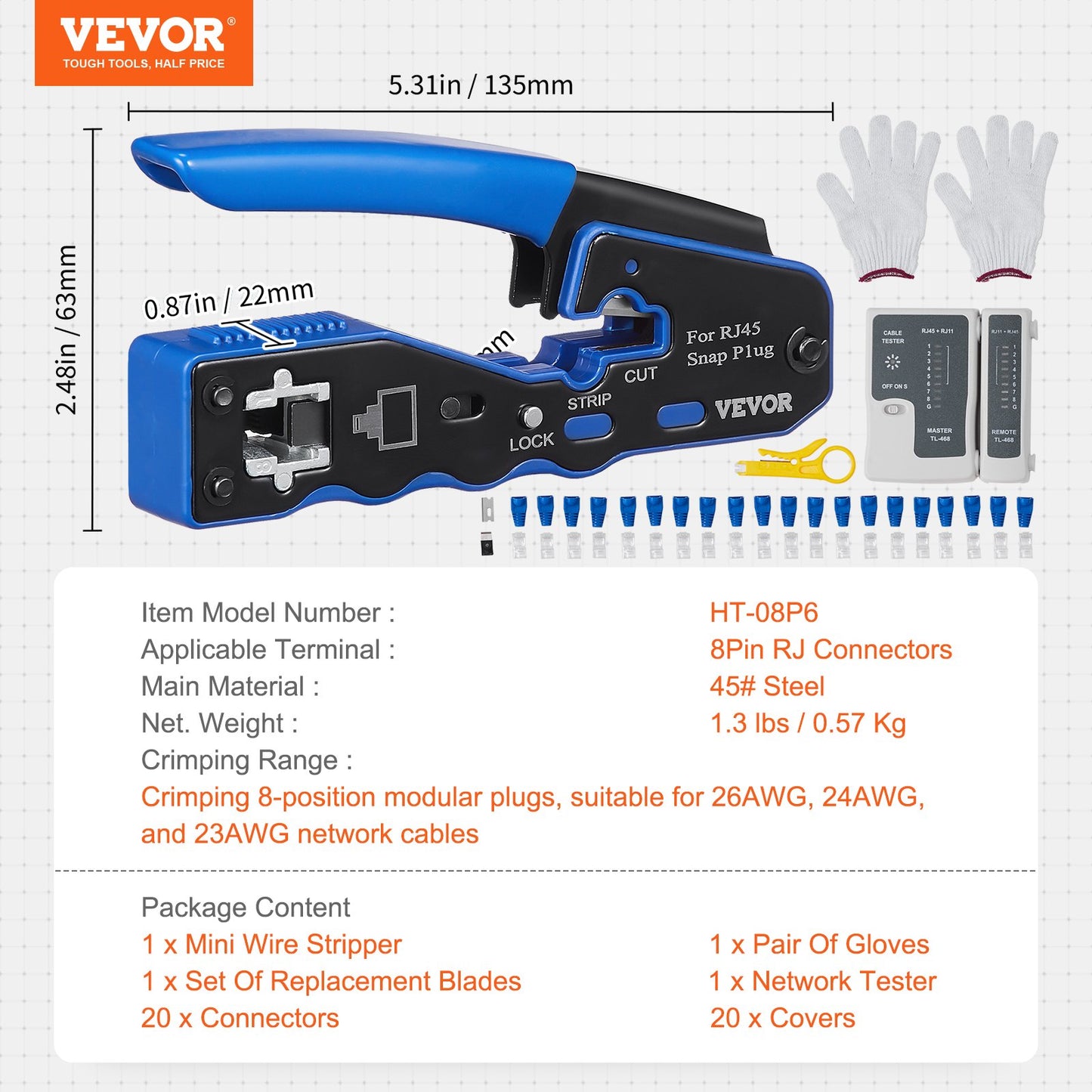 RJ45 Crimp Tool Kit, Cat5e/Cat6/Cat6a Ethernet Crimper Crimp Pliers for 8-Pin Modular Plugs with 20pcs Pass-Through Connectors and Covers, Wire Stripper and Network Tester