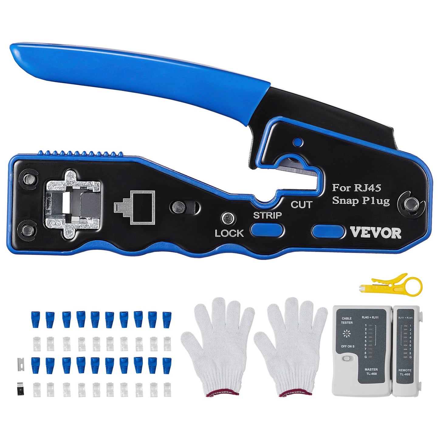 RJ45 Crimp Tool Kit, Cat5e/Cat6/Cat6a Ethernet Crimper Crimp Pliers for 8-Pin Modular Plugs with 20pcs Pass-Through Connectors and Covers, Wire Stripper and Network Tester