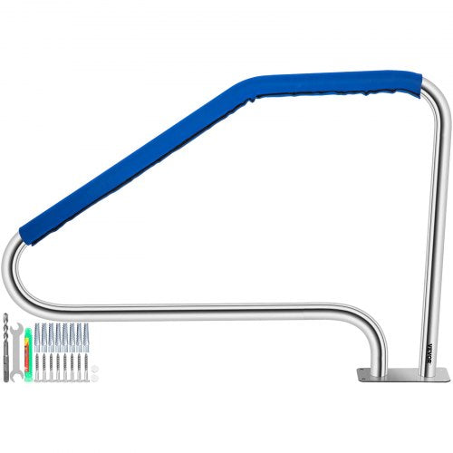 Pool Handrail, 49.4 x 34" Swimming Pool Stair Rail, 304 Stainless Steel Stair Pool Hand Rail Rated 375lbs Load Capacity, Pool Rail with Quick Mount Base Plate, and Complete Mounting Accessories